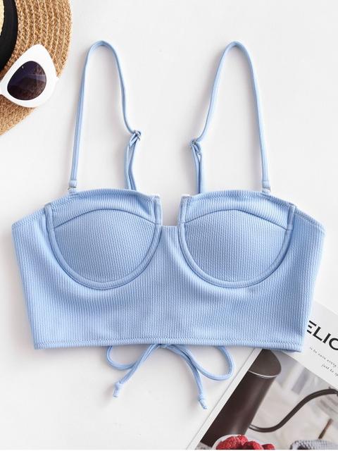 Zaful Bañador Top Acanalado Con Aros Y Cordones Day Sky Blue