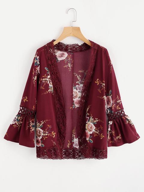 Kimono Ribete Con Encaje Con Estampado Floral De Manga Flauta