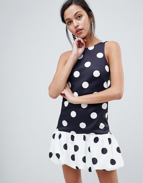 Asos Design Racer Neck Dress With Bubble Hem In Contrast Spot - Spot Print