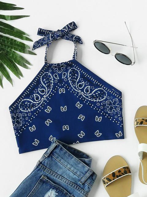 Vintage Print Crop Halter Top