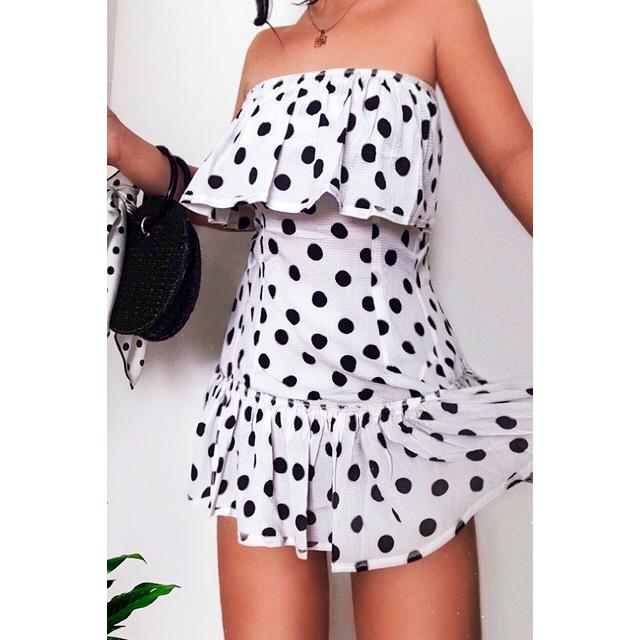 white polka dot bardot dress