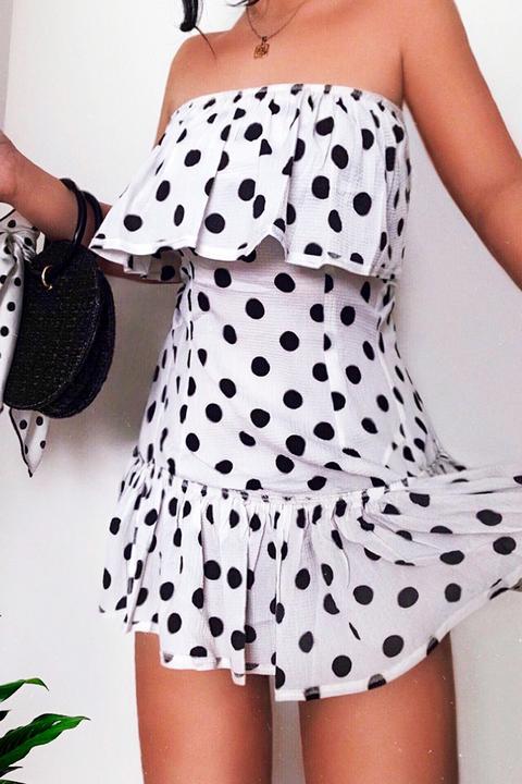 White Polka Dot Bardot Frill Dress - Izadora