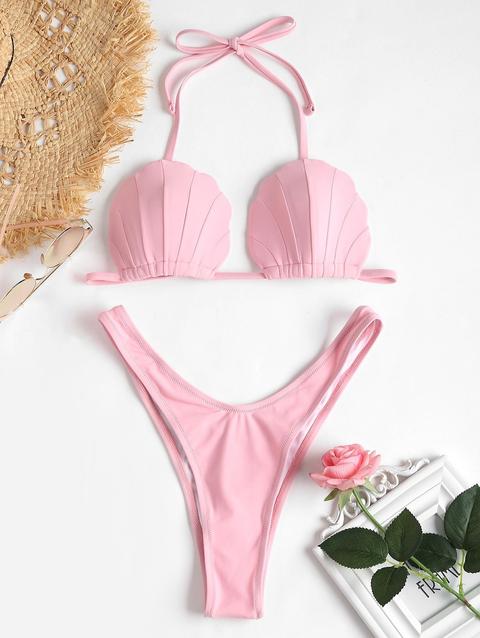 Bikini A Forma Di Conchiglia A Gamba Alta Pig Pink