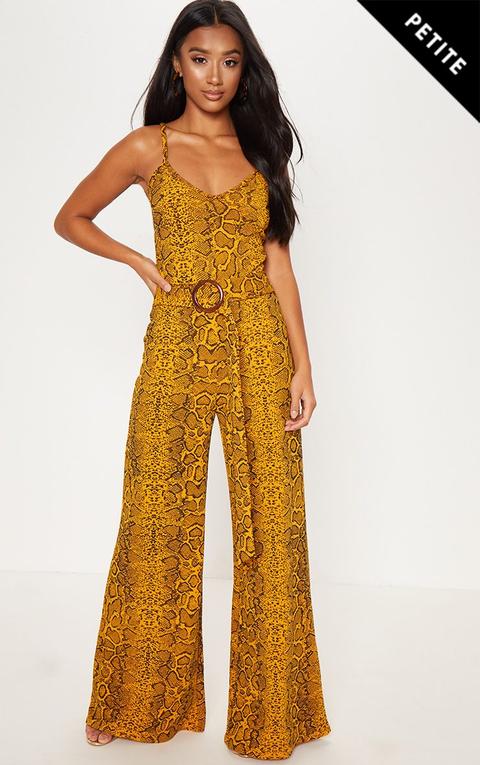 Petite Yellow Snake Print Tortoise Shell Belt Jumpsuit