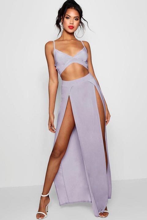 Womens Slinky Bralet And Split Maxi Skirt Co-ord - Grey