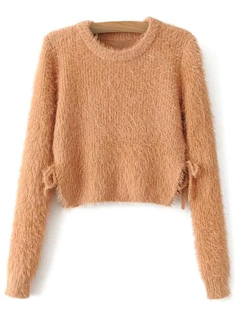 Cropped Fuzzy Lace Up Sweater