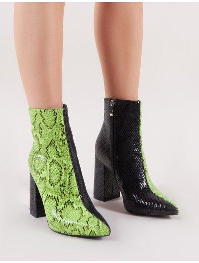 Hyper Two-tone Pointed Toe Ankle Boots In Green And Black Snake