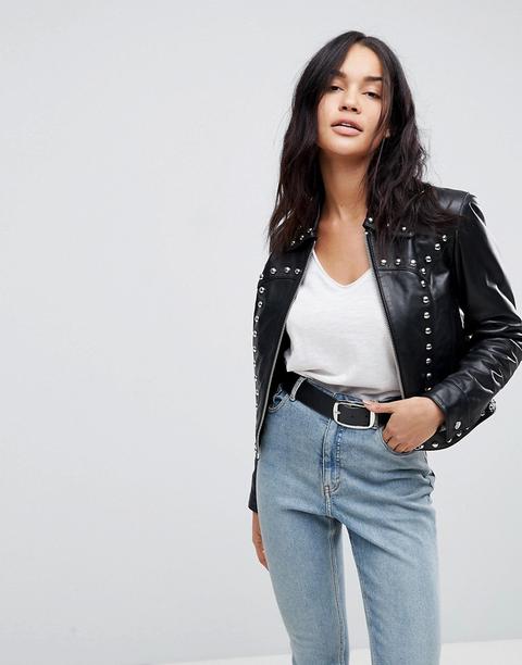 Asos - Giacca In Pelle Borchiata Stile Western Con Zip - Nero