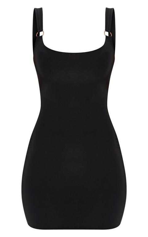 Black Slinky Ring Detail Square Neck Bodycon Dress from