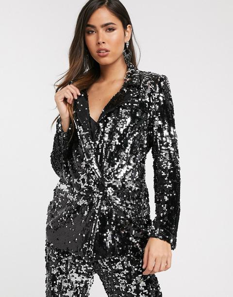 Skylar Rose Longline Blazer In Sleek Sequin Co-ord-black