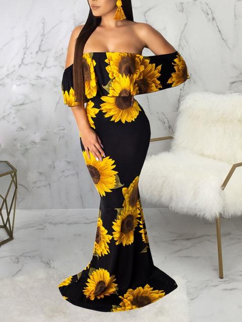 Maxi Dress Girocollo Con Spalle Scoperte E Sirena Da Ballo Colore Giallo