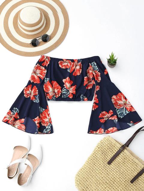 Off Shoulder Floral Flare Sleeve Crop Top