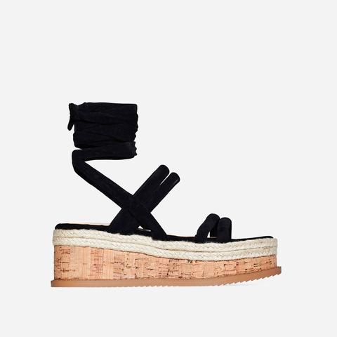 Whisper Lace Up Espadrille Flatform In Black Faux Suede, Black