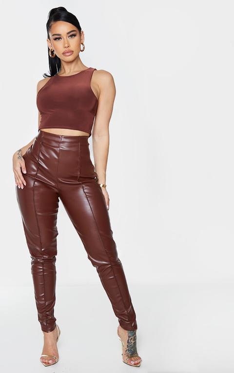 Shape Chocolate Brown Pu Seam Detail High Waist Trousers
