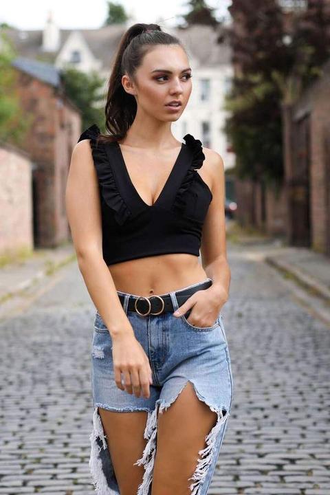 Lexi Black Plunge Neck Frilly Crop Top