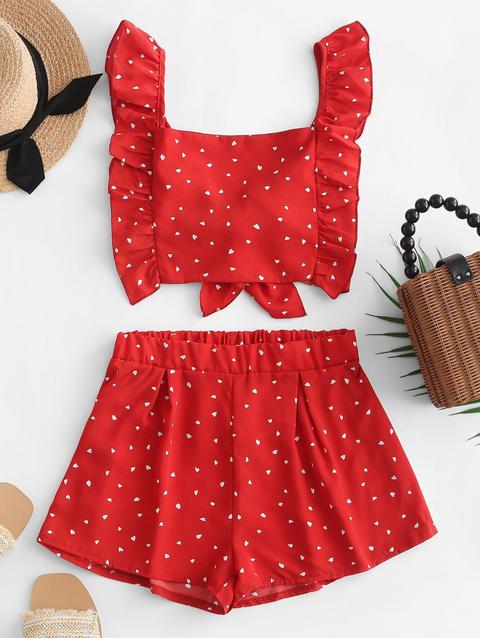 Set Di Pantaloncini A Gamba Larga Con Stampa A Cuore Annodato Indietro Red