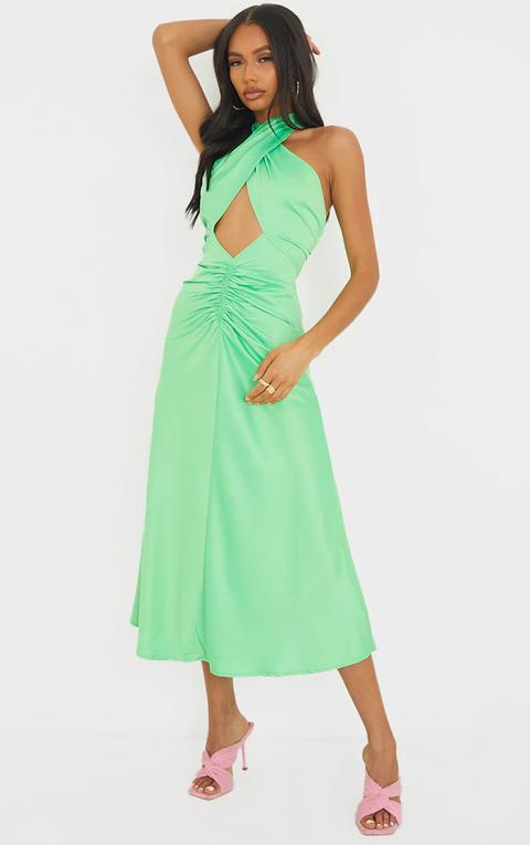 Lime Satin Halterneck Ruched Cut Out Midi Dress