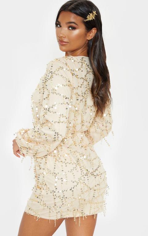 gold plunge sequin long sleeve bodycon dress