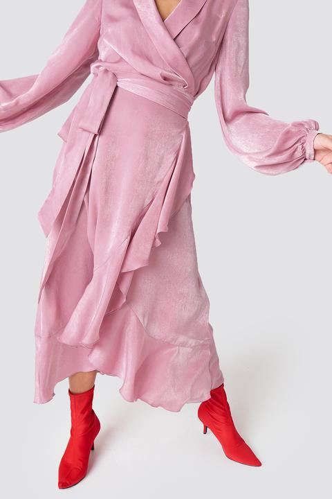 wrap over satin frill dress