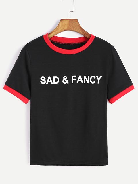 Black Letter Print Contrast Trim T-shirt