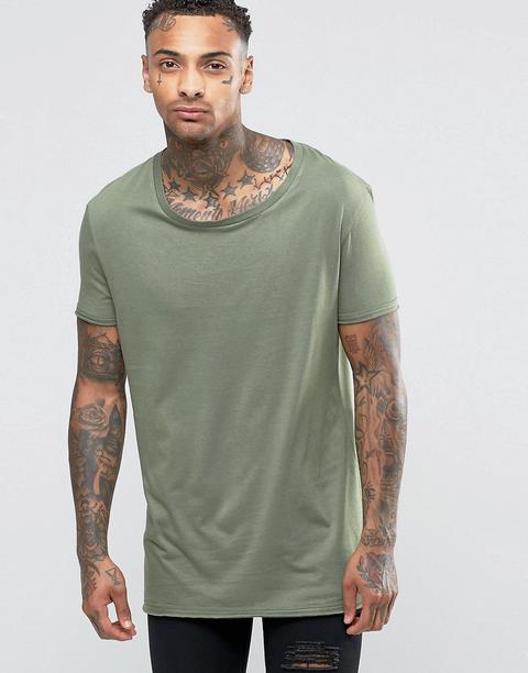 Camiseta Extralarga Con Cuello Elástico Y Dobladillo De Bajo Caído En Verde De Asos