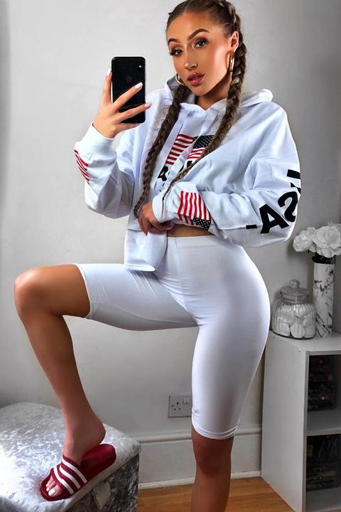 White Oversized Usa Print Hoodie - Eleah