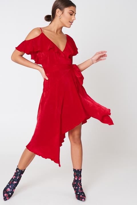 Na-kd Party Asymmetric Wrap Frill Dress - Red