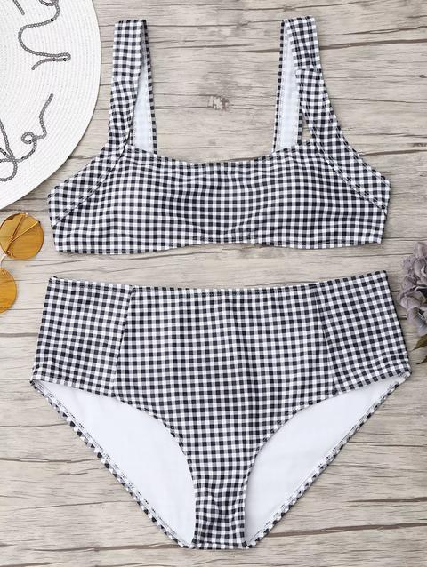 Bikini Plus Size A Quadretti Con Collo Quadrato White And Black