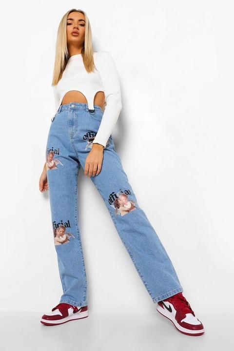 Womens High Waist Cherub Print Straight Leg Jeans - Blue - 14, Blue