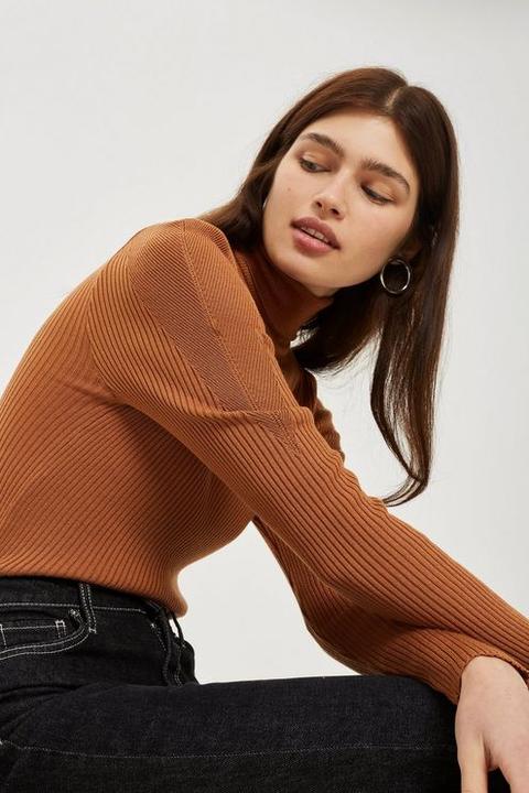 Womens Puff Sleeve Roll Jumper - Camel, Camel