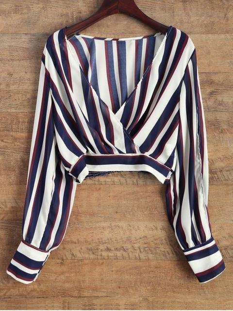 Striped Slit Sleeve Cropped Surplice Blouse