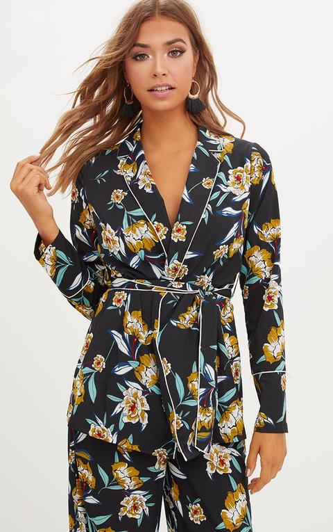 Black Contrast Piping Floral Jacket