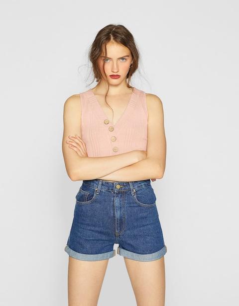 Cropped Con Bottoni E Scollo A V Rosa Carne