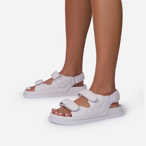 Hyped Quilted Double Strap Flat Dad Sandal In White Faux Leather, White