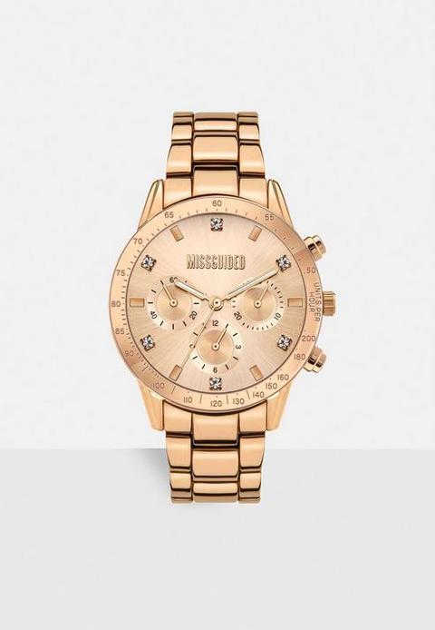 Rose Gold Look 3 Dial Metal Strap Watch, Gold