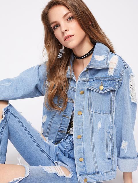 Faded Wash Shredded Denim Jacket