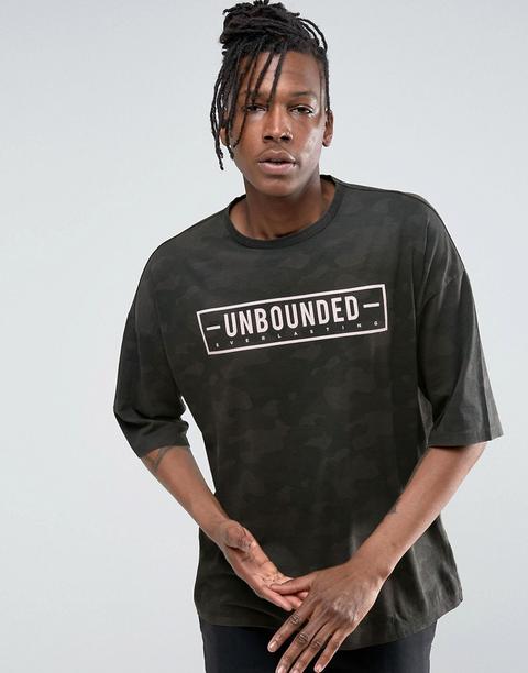 "asos - T-shirt Oversize Con Stampa Mimetica E Scritta "unbounded" - Verde