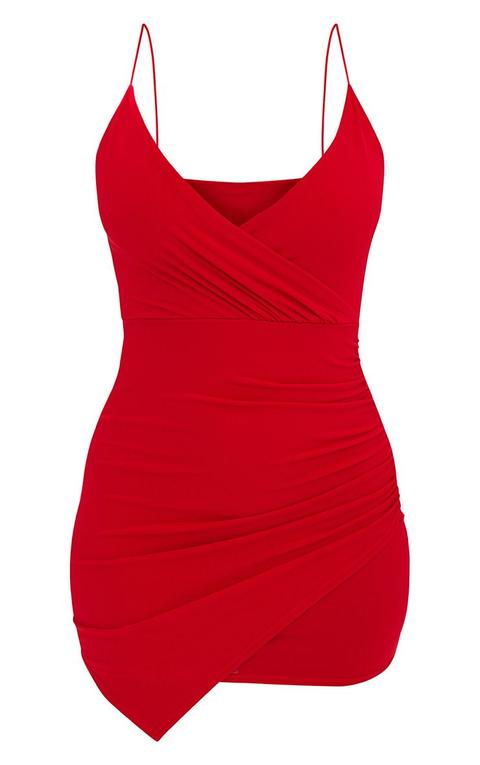 Red slinky wrap strappy best sale bodycon dress