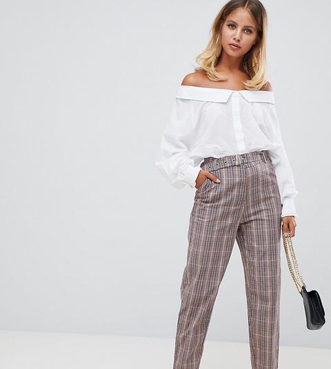 Missguided - Pantaloni A Sigaretta Marroni A Quadri Con Cintura - Marrone