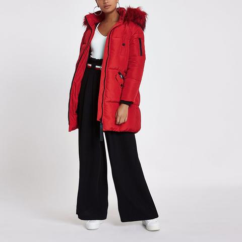 Red Faux Fur Trim Longline Puffer Jacket