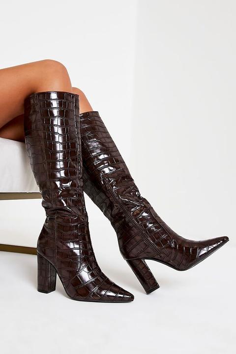 Brown High Shine Croc Faux Leather Knee High Boots from I Saw It First ...