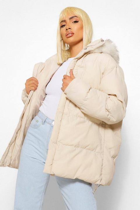 Womens Faux Fur Trim Pocket Detail Mid Length Puffer - Beige - 10, Beige