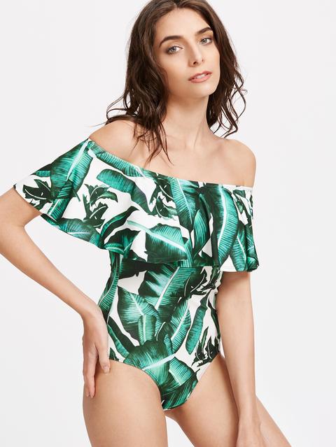 Body Con Hombro Al Aire Volantes Y Estampado Tropical - Verde