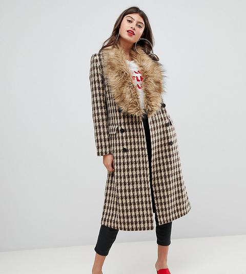 Unique21 Oversized Car Coat In Yellow Check With Faux Fur Collar And Cuffs - Yellow Check
