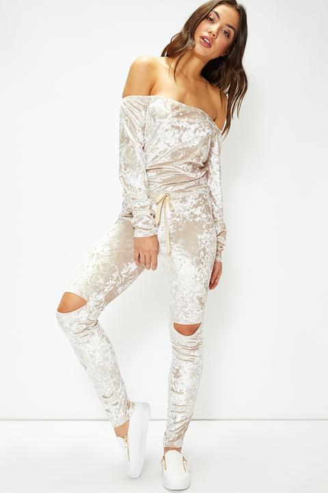 Kay Champagne Crushed Velvet Bardot Split Knee Jumpsuit