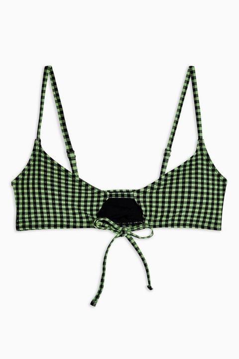 Lime Green Gingham Cut Out Crop Bikini Top