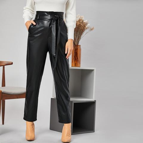 Pantalon En Cuir Pu Ceinturé