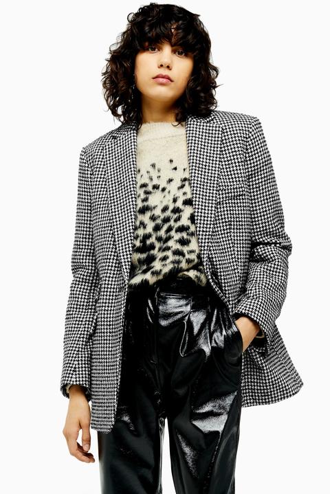 Womens Houndstooth Single Breasted Blazer - Monochrome, Monochrome