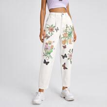 Vaqueros Mom Con Estampado Floral Con Animal