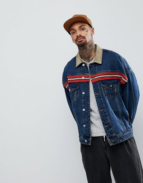 Asos - Giacca Di Jeans Oversize Con Collo In Camoscio Sintetico Blu Délavé - Blu